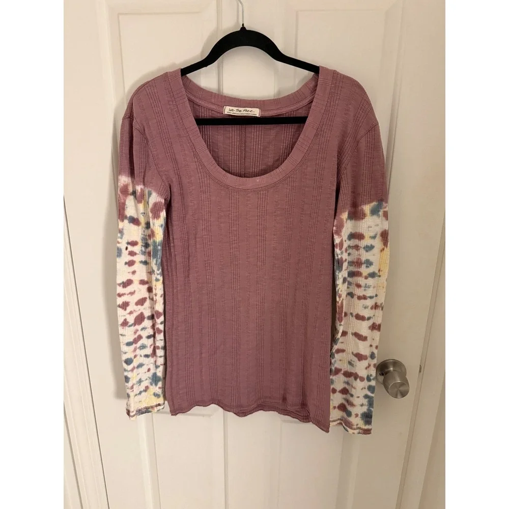 We The Free Free People Big Sur Mauve Ribbed Tie Dye Sleeve Scoop Neck Top XL